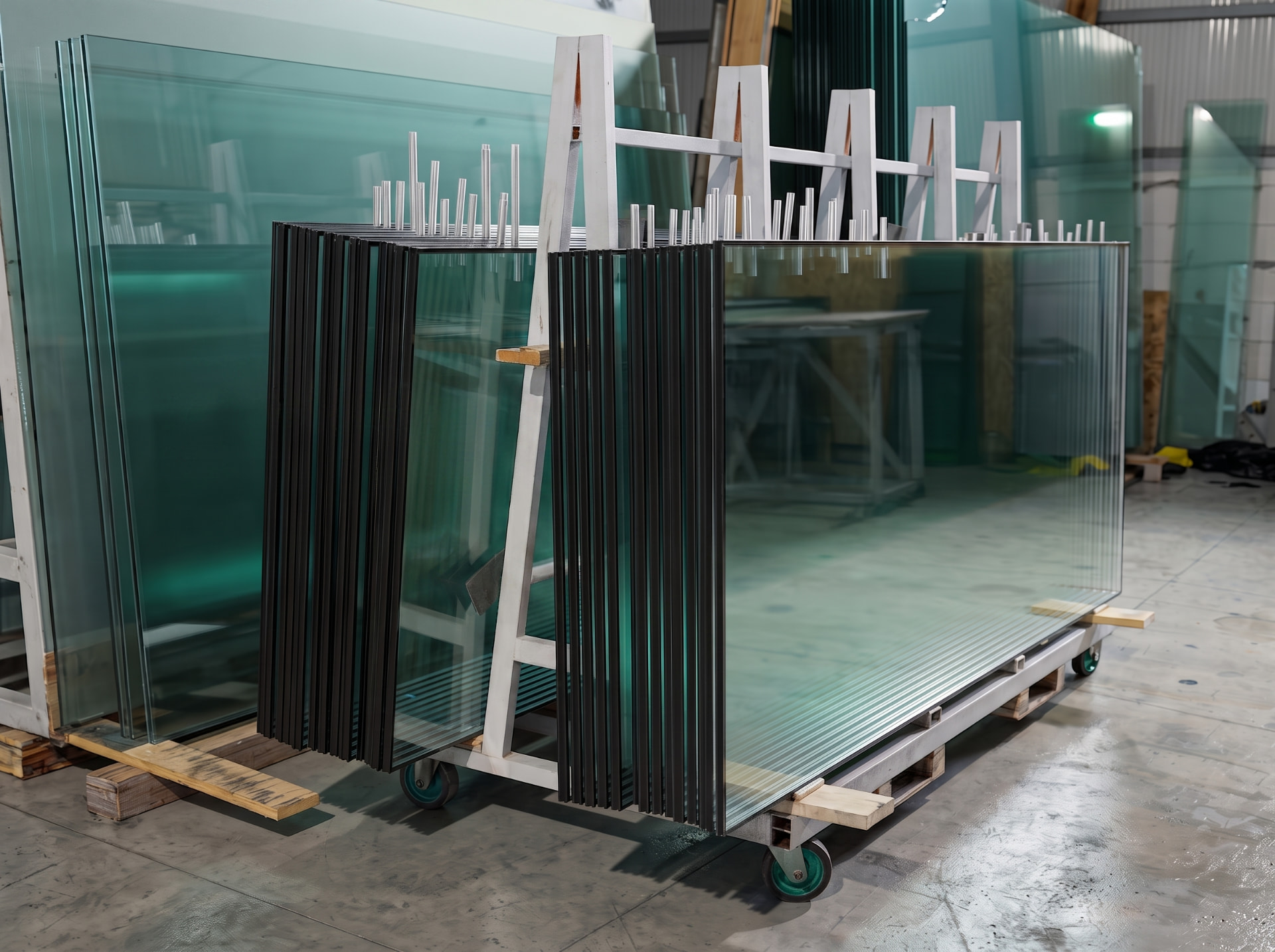 Stacks of finished glass packages secured on a mobile transport rack inside the HNAR production hall